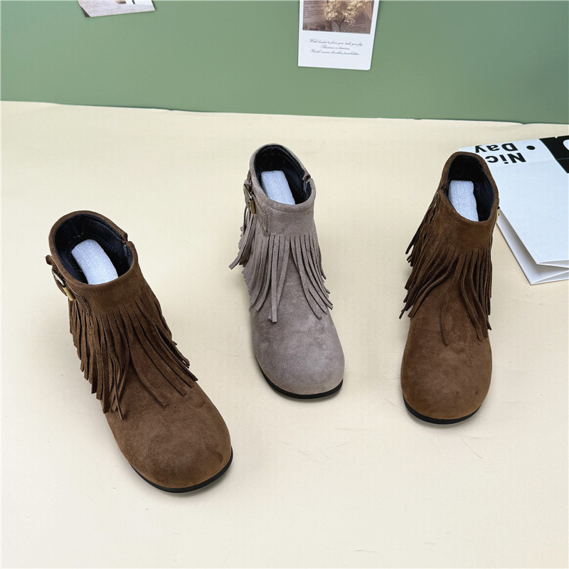 女靴百搭秋冬流苏女鞋女透气薄底勃肯马丁靴时尚洋气小个子短靴