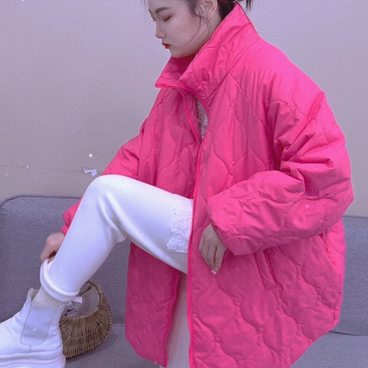 秋冬中长款立领压格棉服宽松显瘦保暖百搭