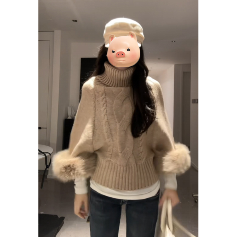 法式一字肩斗篷麻花毛边毛衣女秋冬宽松慵懒风露肩长袖针织衫上衣