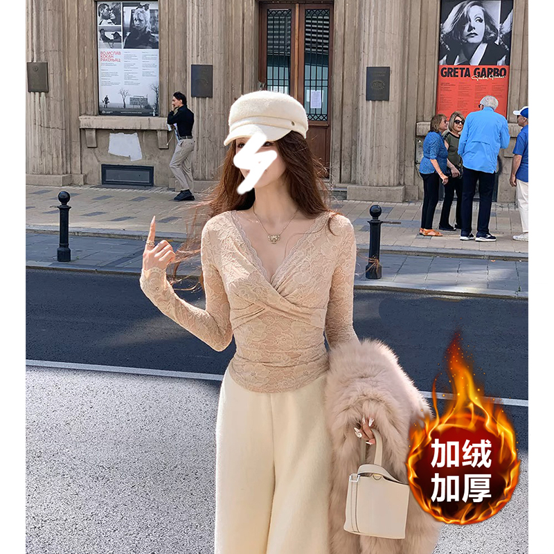 岸芷汀兰～雪尼尔提花蕾丝衫交叉V领修身显瘦长袖打底衫薄加绒新款