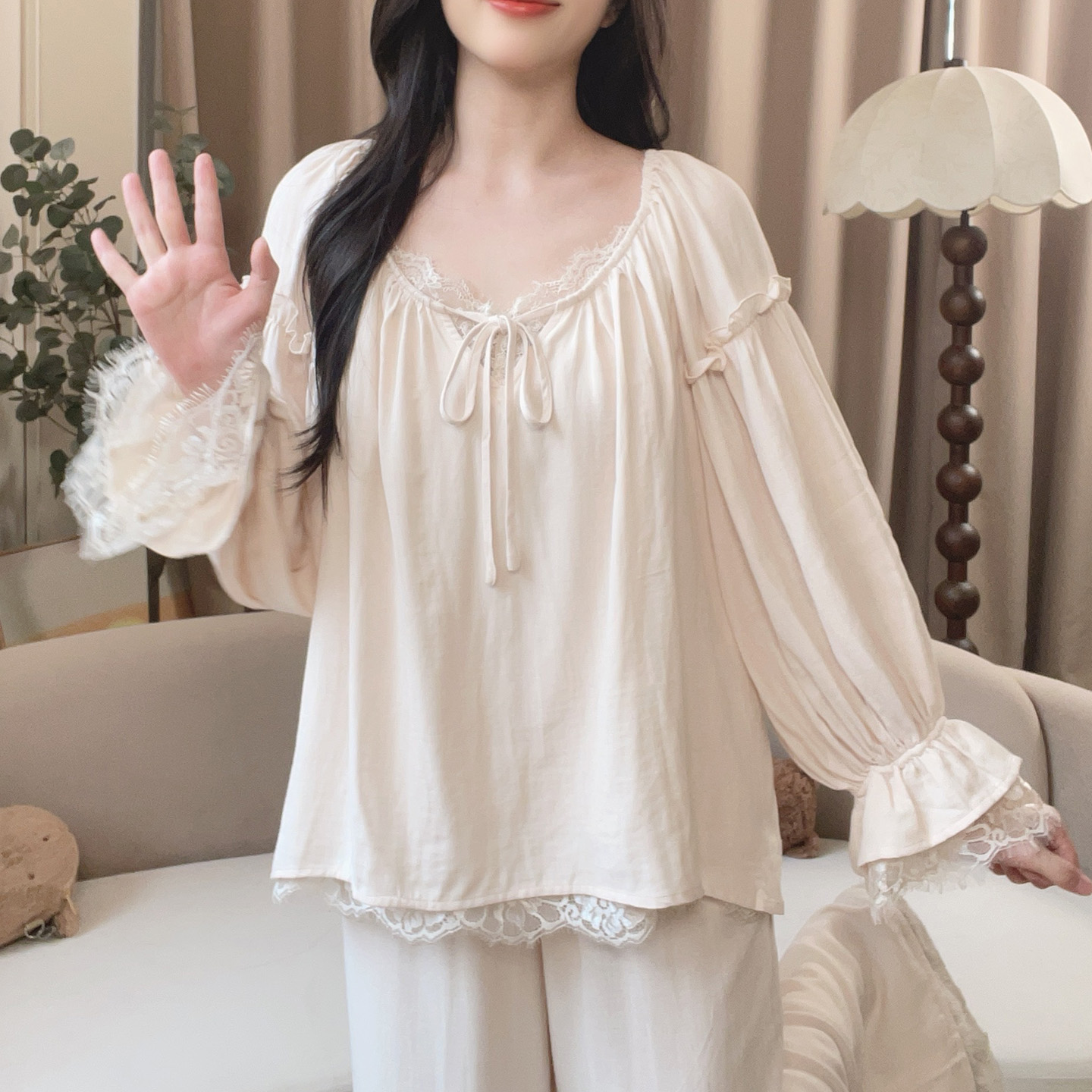 【6068杏色】秋季甜美长袖棉纱可外穿公主家居服睡衣宽松睡衣套装