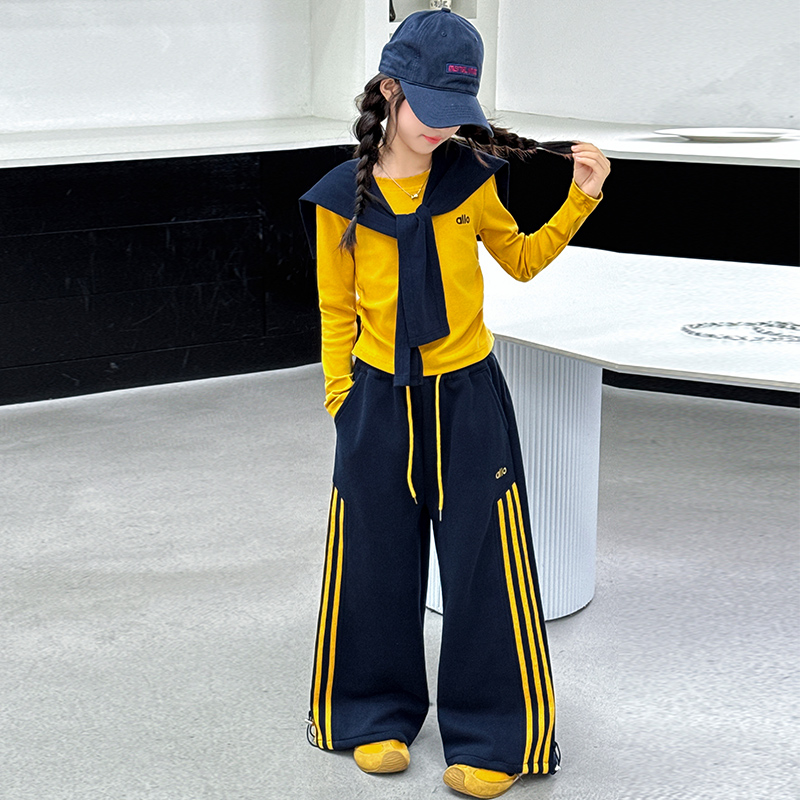 女童披肩运动套装2025秋季新款女孩打底衫卫裤三件套韩版阔腿裤潮