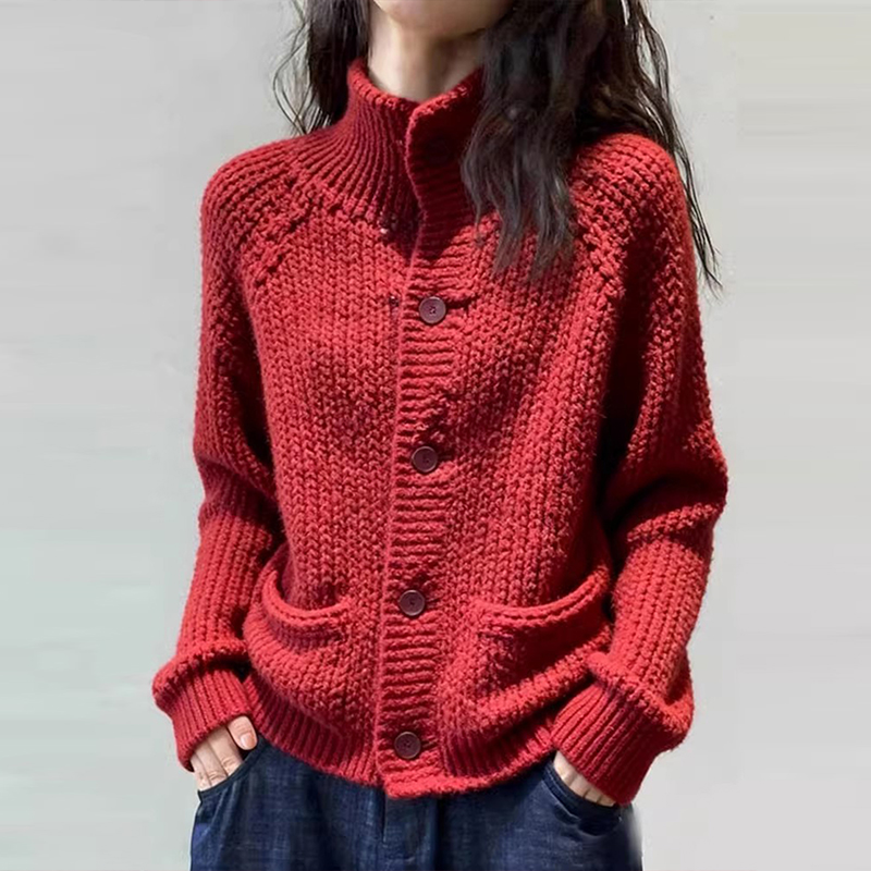 气质宽松高领针织开衫女2026秋冬新款质感单排扣复古温柔通勤毛衣
