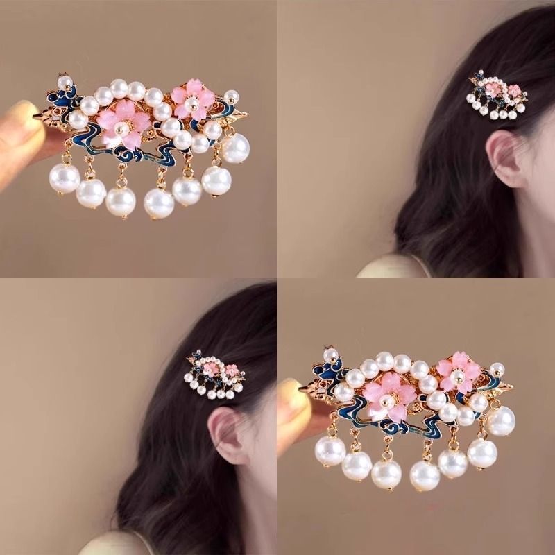 国风浪漫~烧蓝流苏花朵珍珠边夹!汉服侧边夹发夹古风发饰盘发器