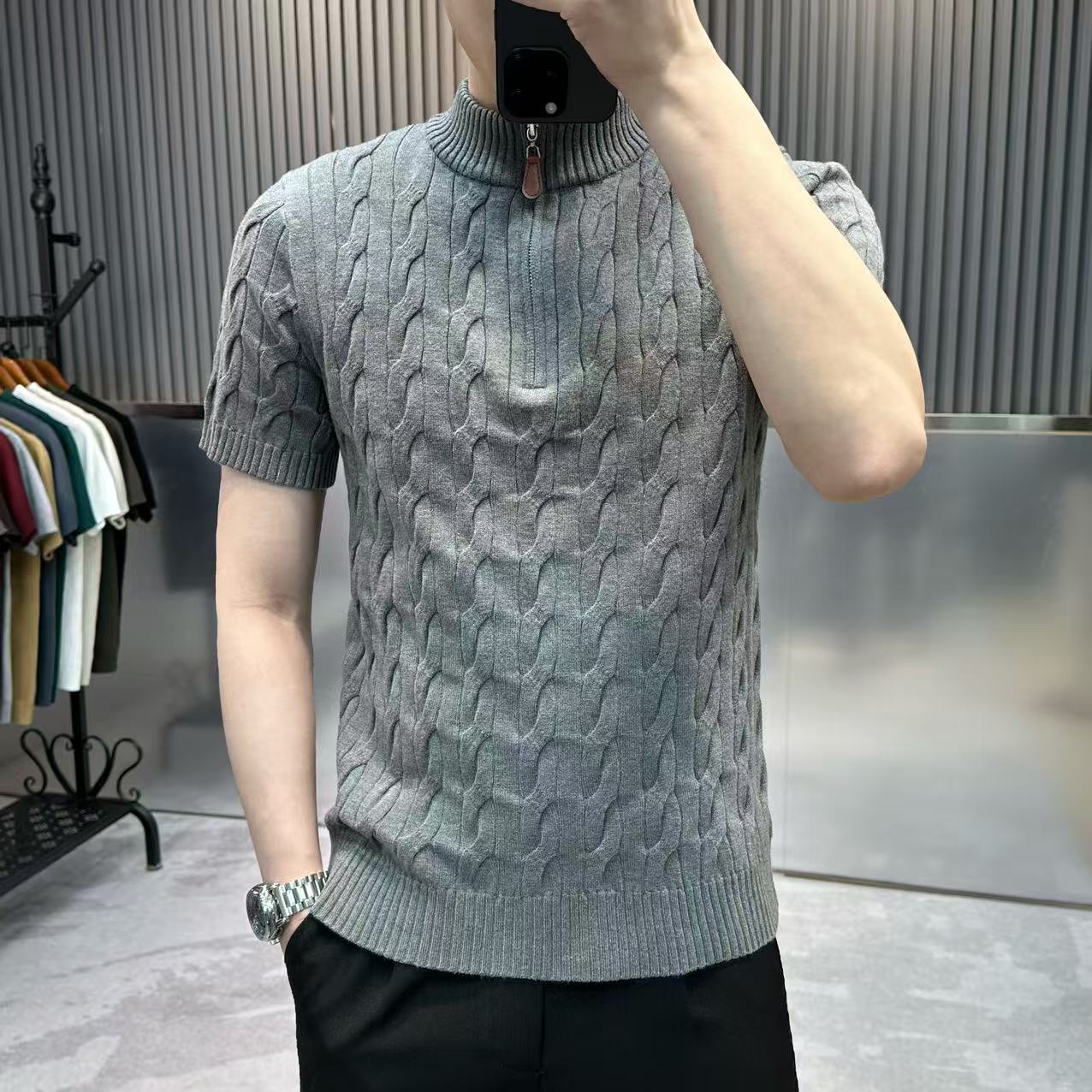 老钱风纽花半拉链针织短袖毛衣复古时尚修身短袖半高领毛衣秋冬男