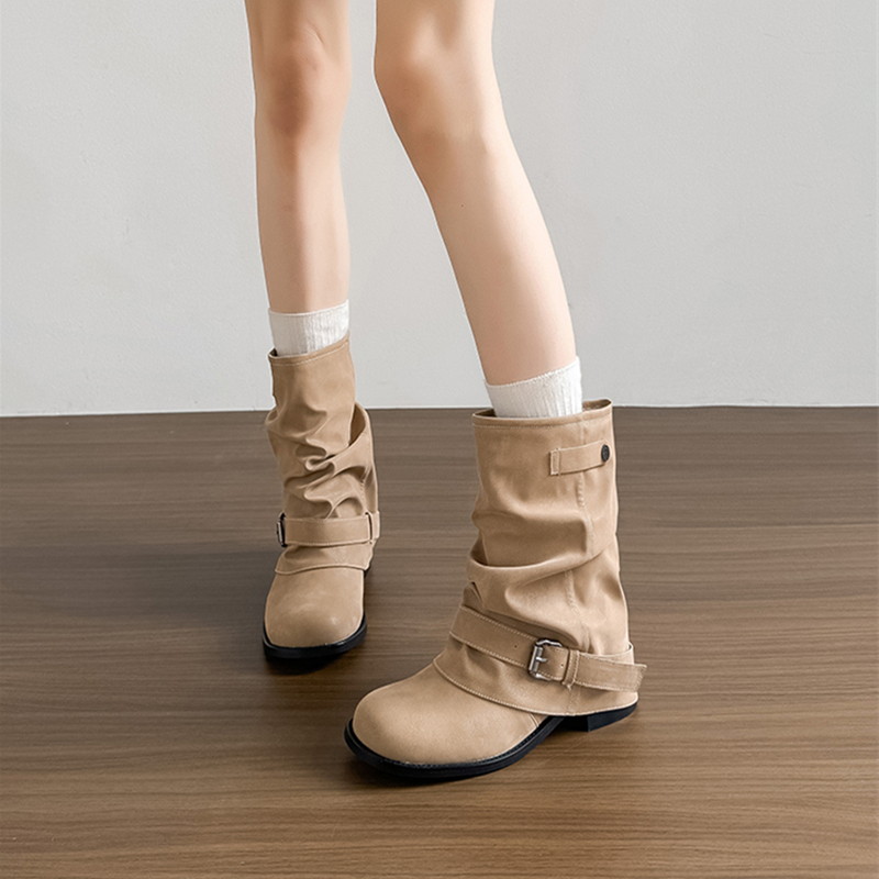 复古裤管短靴女粗跟2025年秋冬新款褶皱堆堆马丁靴西部牛仔骑士靴