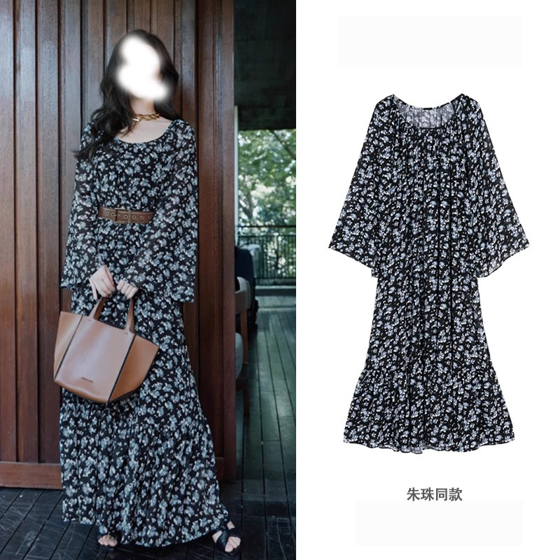 朱珠同款法式复古印花雪纺大码海边度假连衣裙显瘦裙子后妈裙法式
