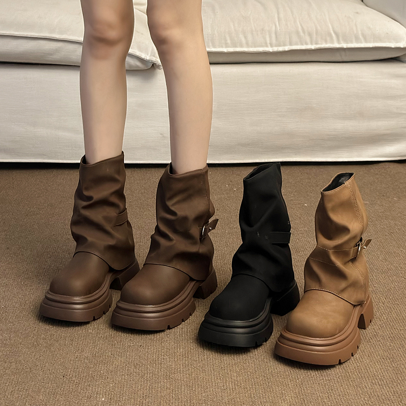 美拉德百搭短筒马丁靴女秋冬季新款增高厚底英伦风复古厚底裤管靴