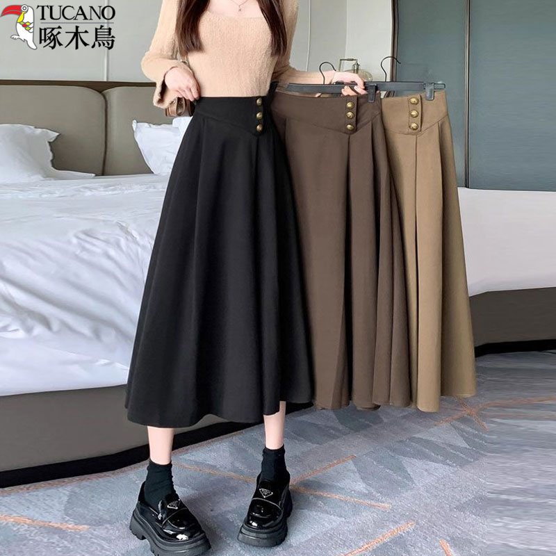 啄木鸟毛呢半身裙女款秋冬新款流光风黑色复古冬季中长款百褶伞裙