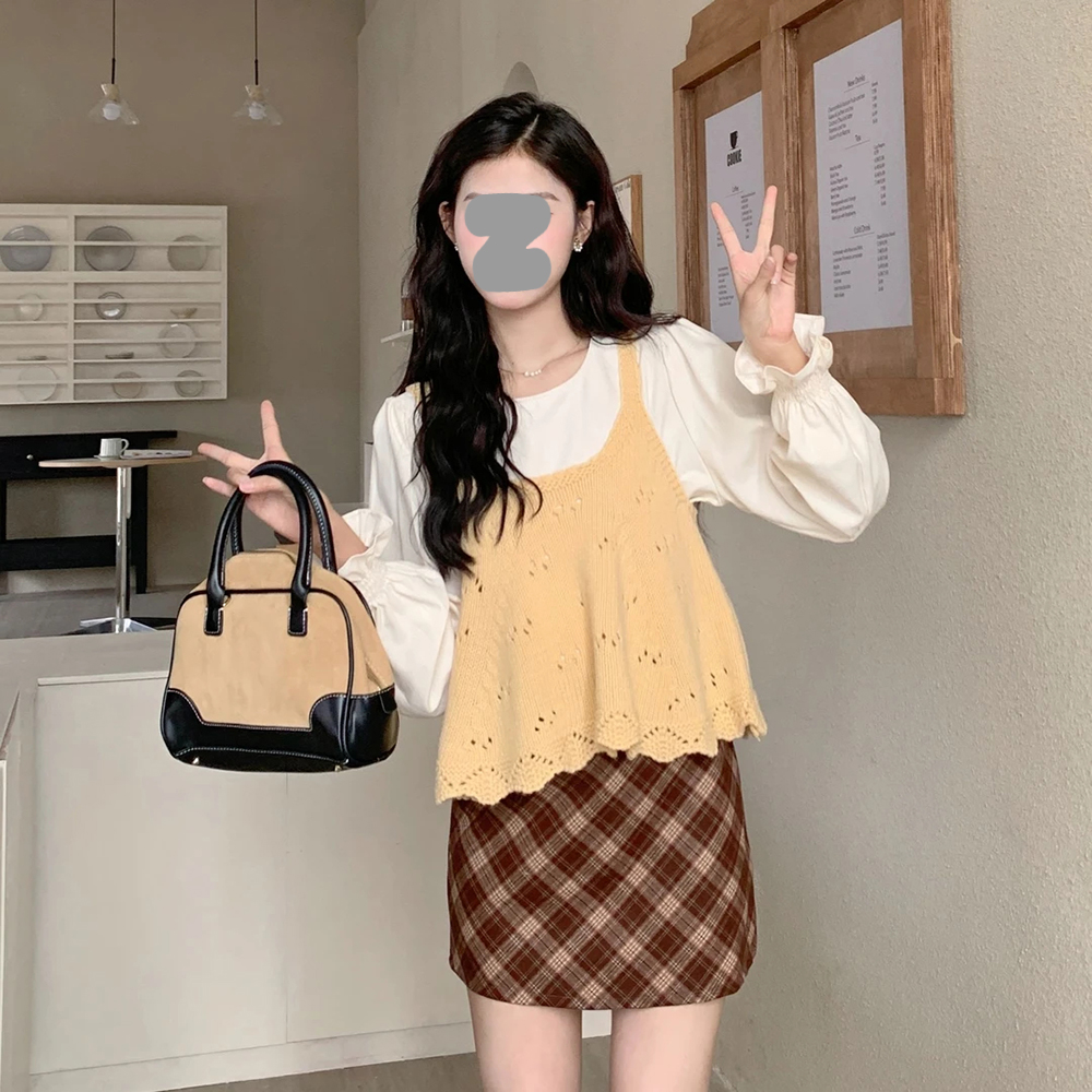 法式温柔风时尚套装女2025春秋新款喇叭袖长袖衬衫针织马甲两件套