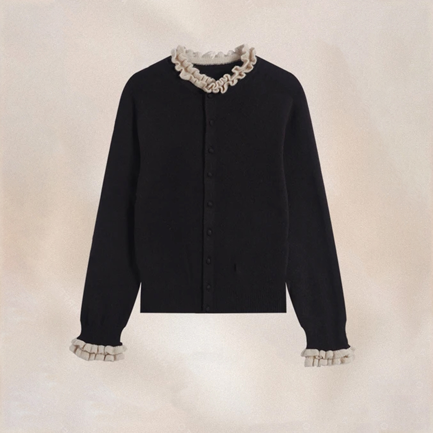 秋季法式木耳边撞色针织毛衣减龄小众上衣洋气春秋长袖开衫外套潮