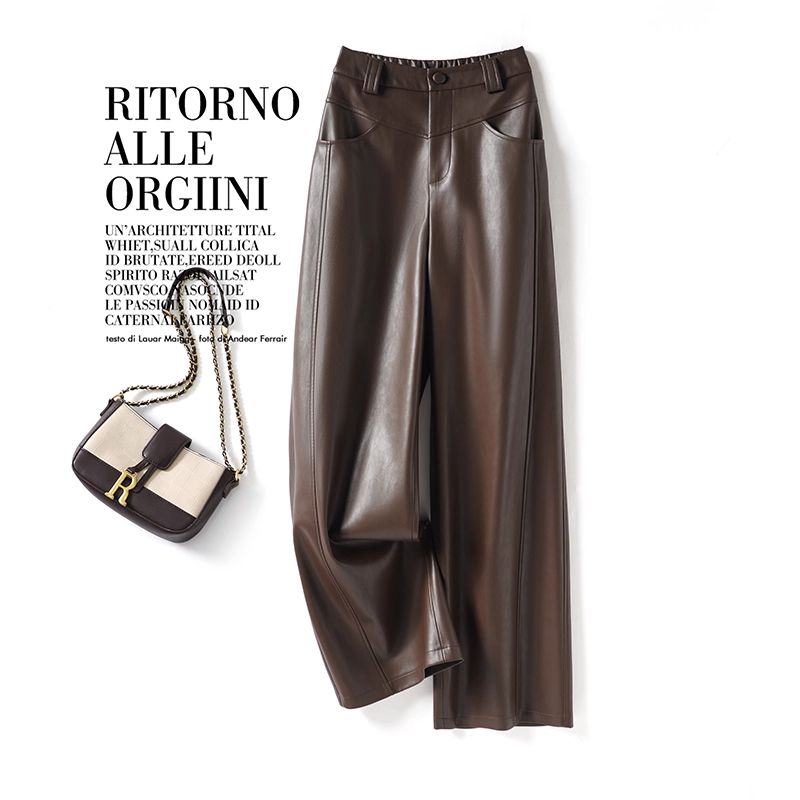 2025秋冬新款植鞣绵羊皮休闲真皮长裤松紧腰高腰直筒裤阔腿裤皮裤