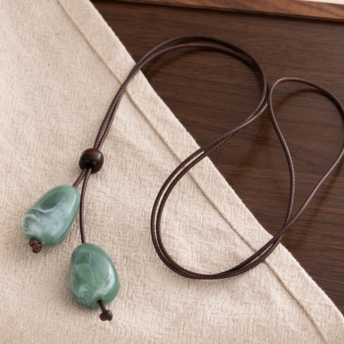 新中式森系长款椭圆吊坠项链复古禅意水滴简约高级感时尚设计项饰