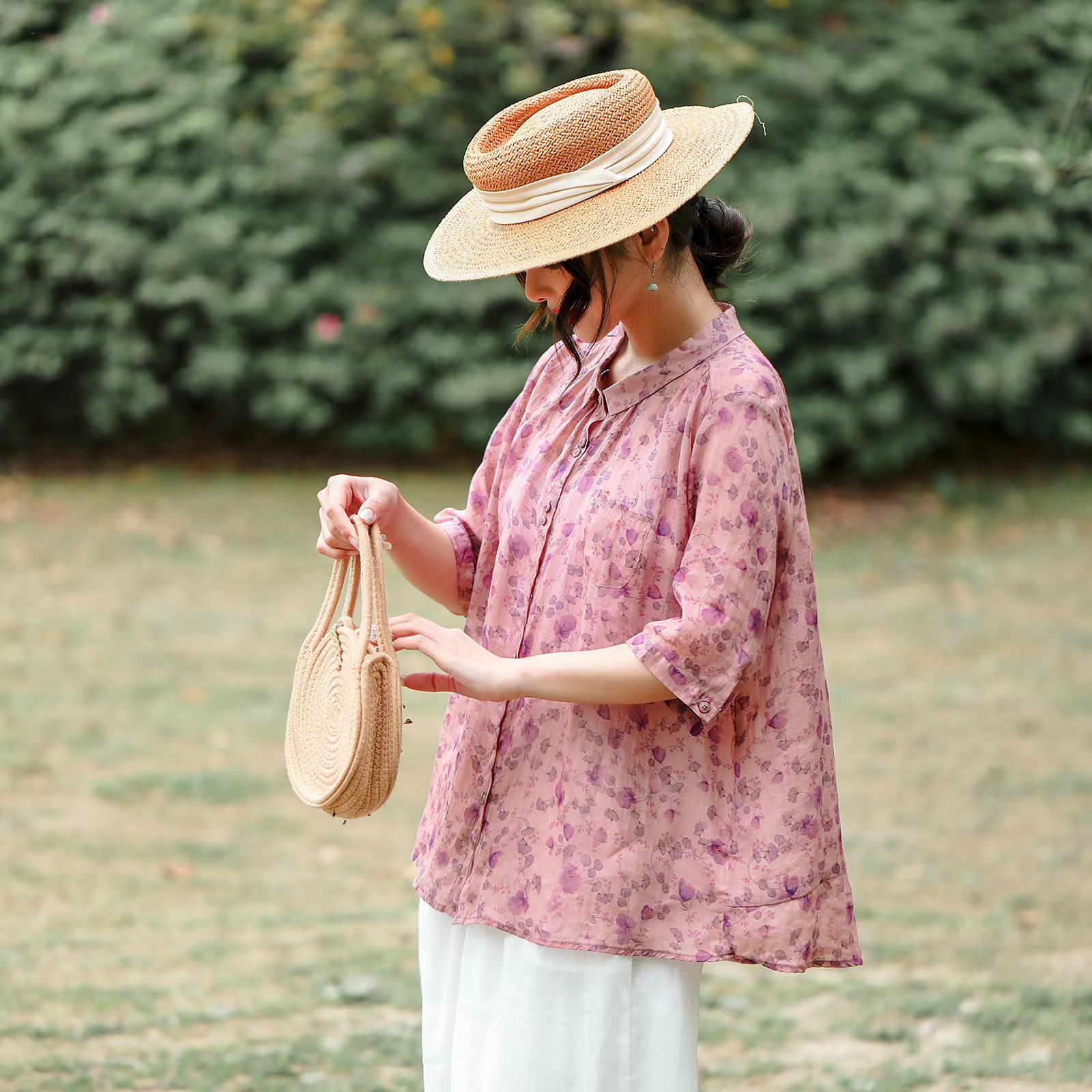 （高端苎麻衬衫）8066春夏新款精致洋气上衣小清新减龄印花衬衫R