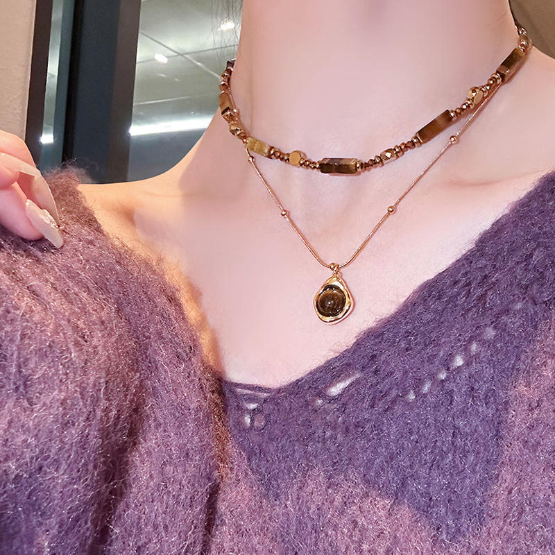 SHOWDIGU 铜合金项链 复古美拉德串珠叠戴项链精致个性百搭毛衣链