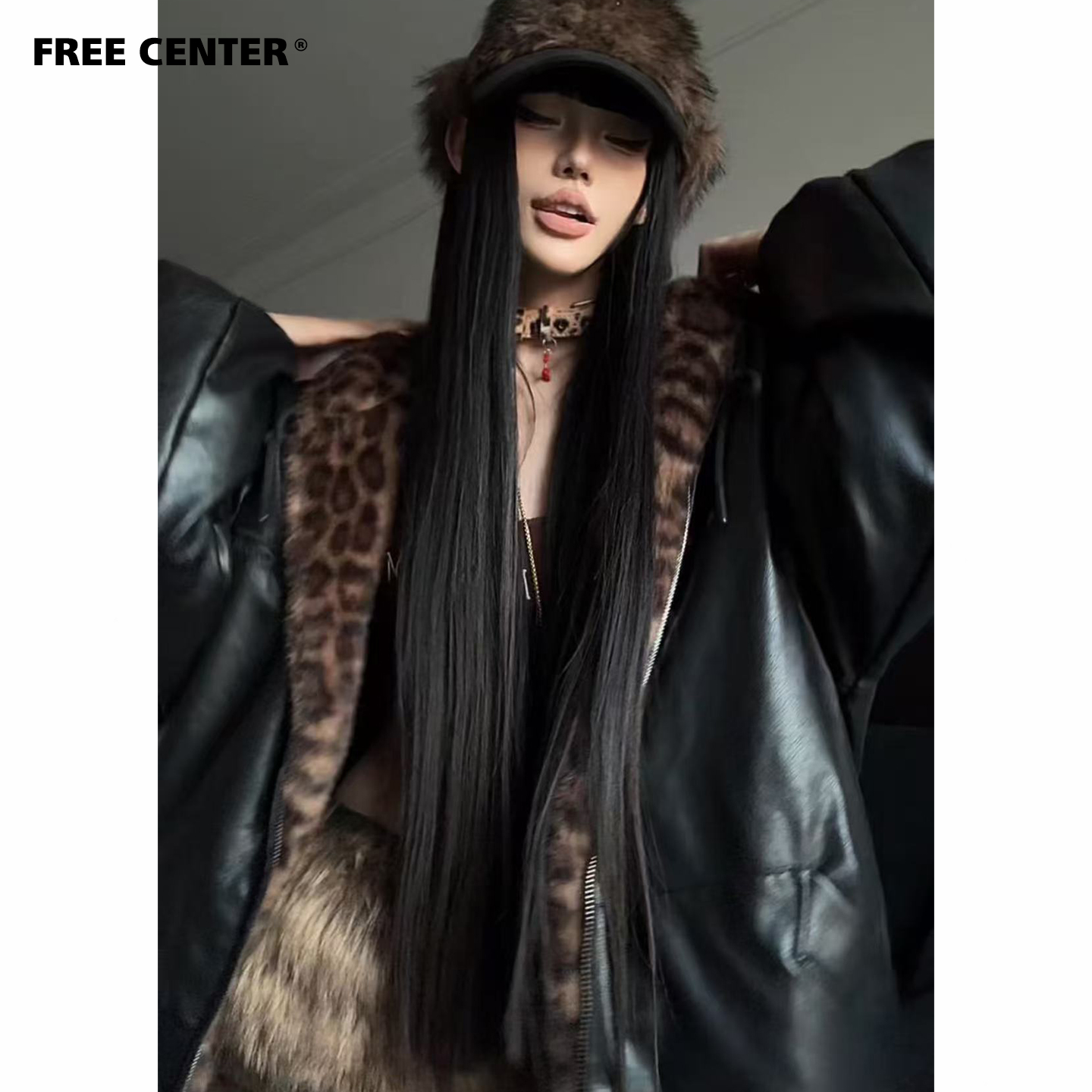 Free Center限定豹纹新配色两面穿座山雕男女冬宽松连帽皮衣外套