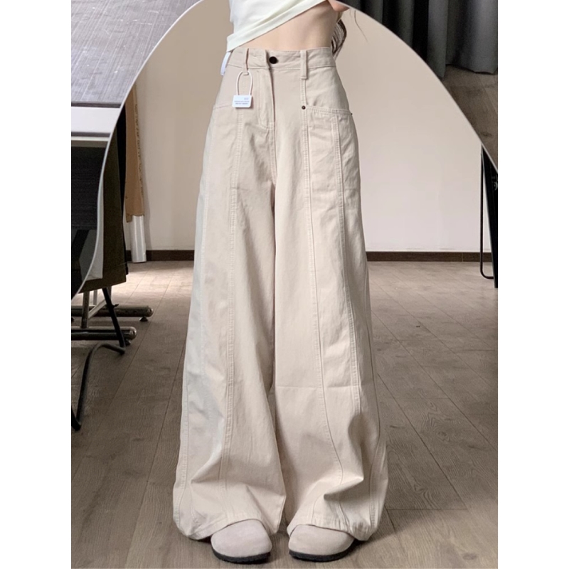 美式复古米杏色弯刀工装牛仔裤女2025秋季新款宽松垂感直筒阔腿裤