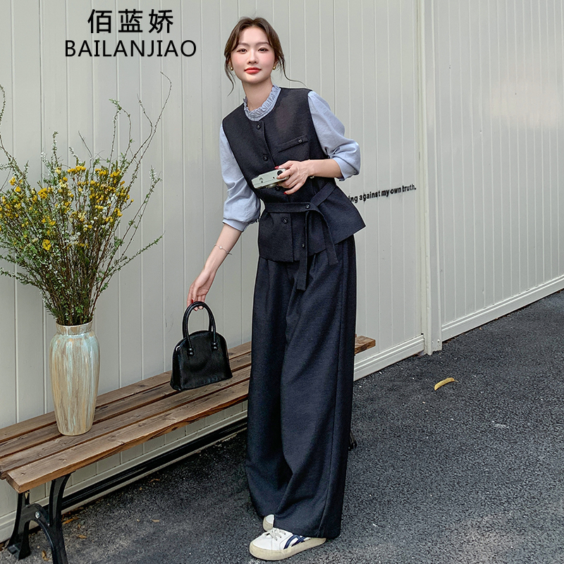 灰色西装马甲套装裤女早秋时尚气质通勤高级感休闲阔腿裤三件套