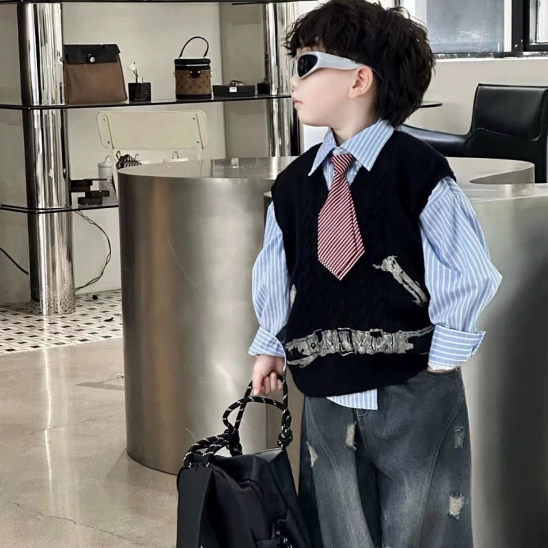 儿童套装秋季新款韩版男童宝宝学院风衬衫马甲复古裤子三件套SZ