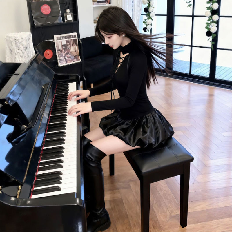 韩系温柔风超好看收腰蓬蓬花苞裙小个子时尚气质黑色连衣裙26冬季