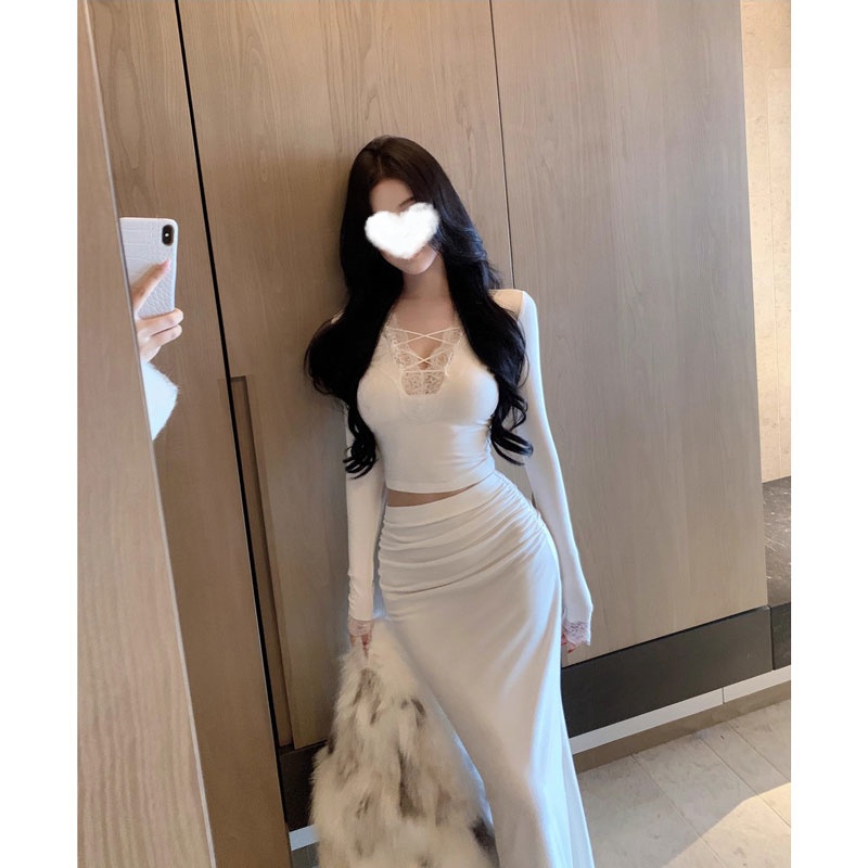 小众韩欲V领蕾丝磨毛打底衫女2025新款微醺御姐修身百搭T恤上衣