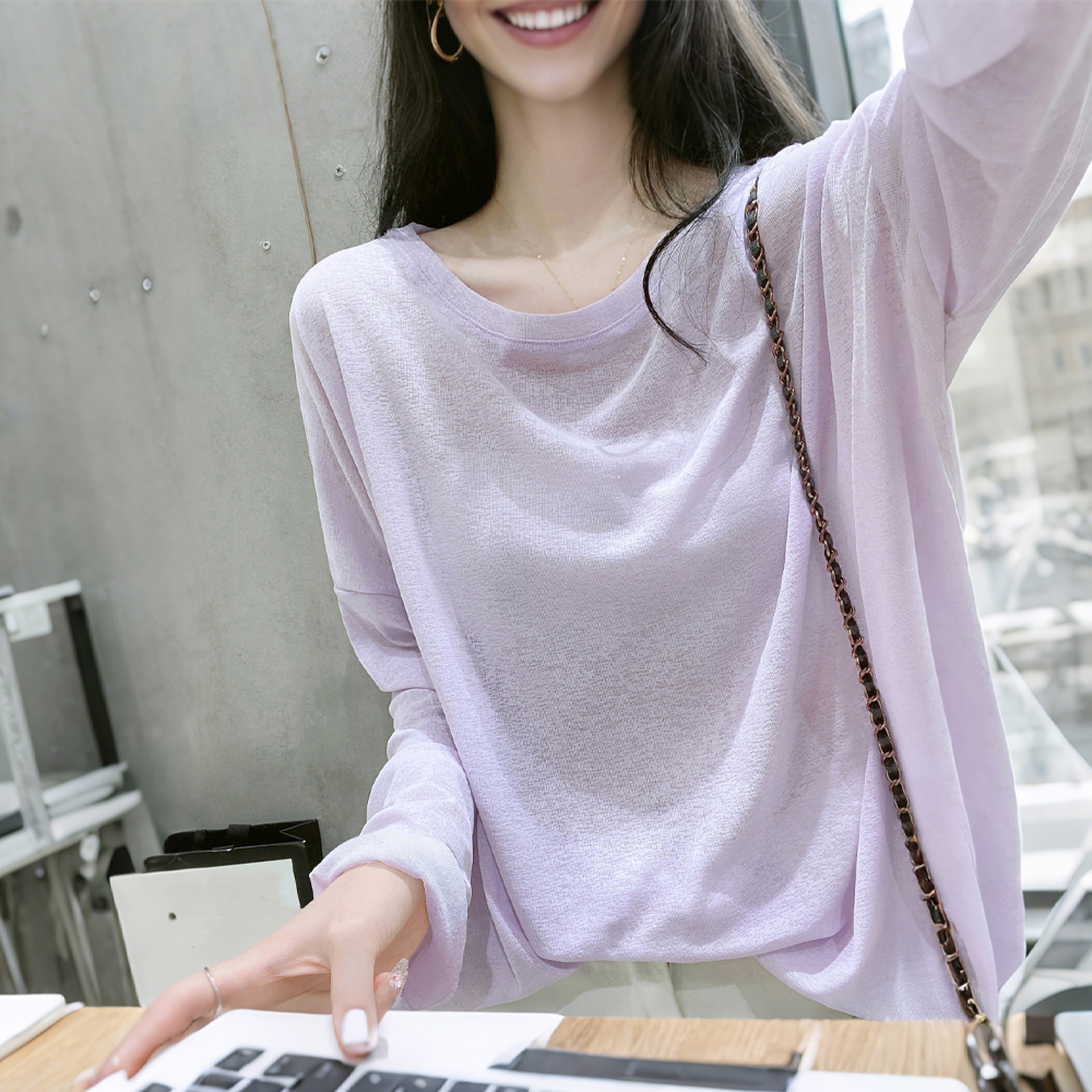 香芋紫T恤长袖防晒罩衫女装夏季新款冰丝圆领宽松空调衫设计上衣
