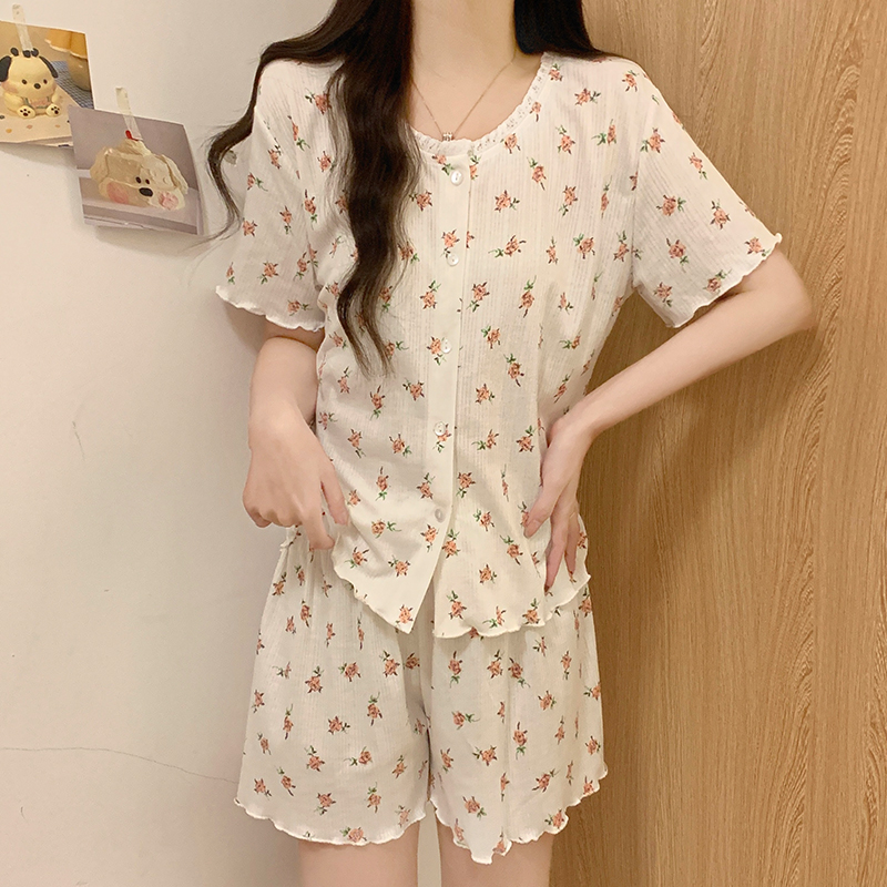 睡衣女薄款夏季短袖学生卡通可爱少女红花精梳棉可外穿家居两件套
