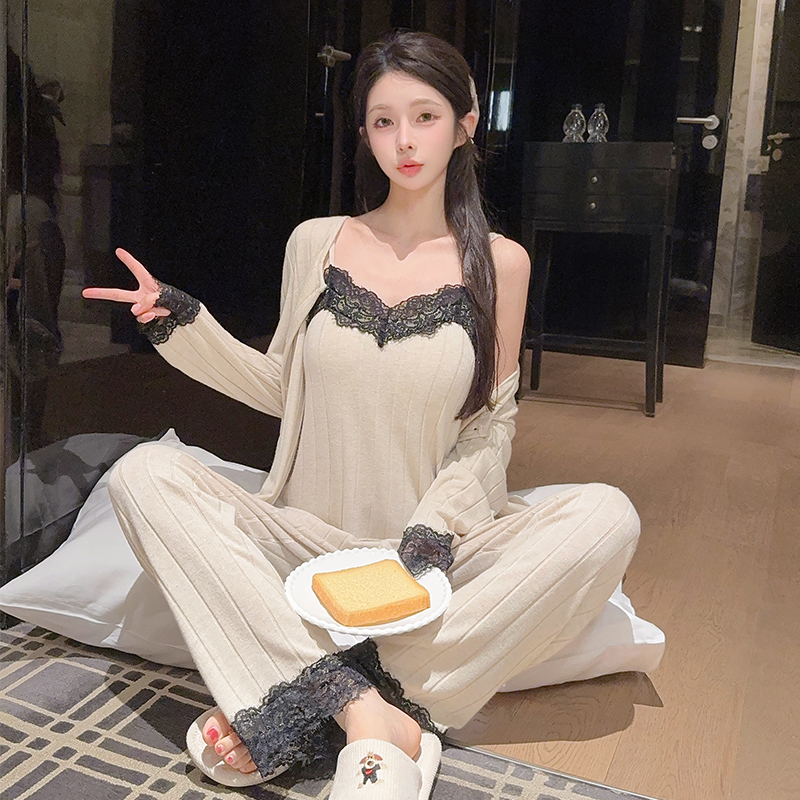 睡衣女秋冬羊绒棉质性感蕾丝吊带长袖三件套装带胸垫网红风家居服