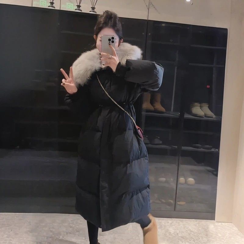 黑色棉服女中长款冬季新款收腰显瘦加厚保暖大毛领设计感棉衣外套