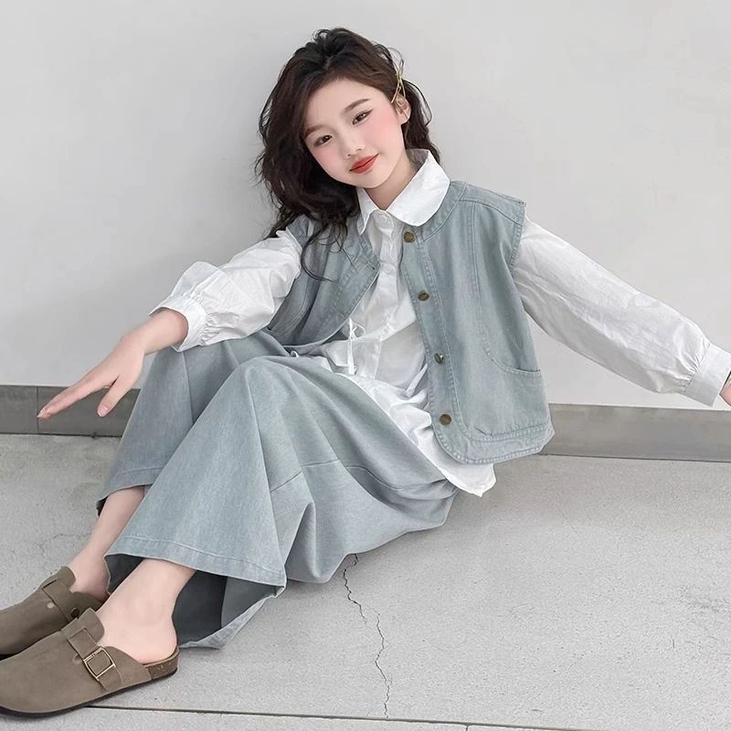 女童春装套装2025新款女孩洋气牛仔马甲阔腿裤两件套儿童白色衬衫