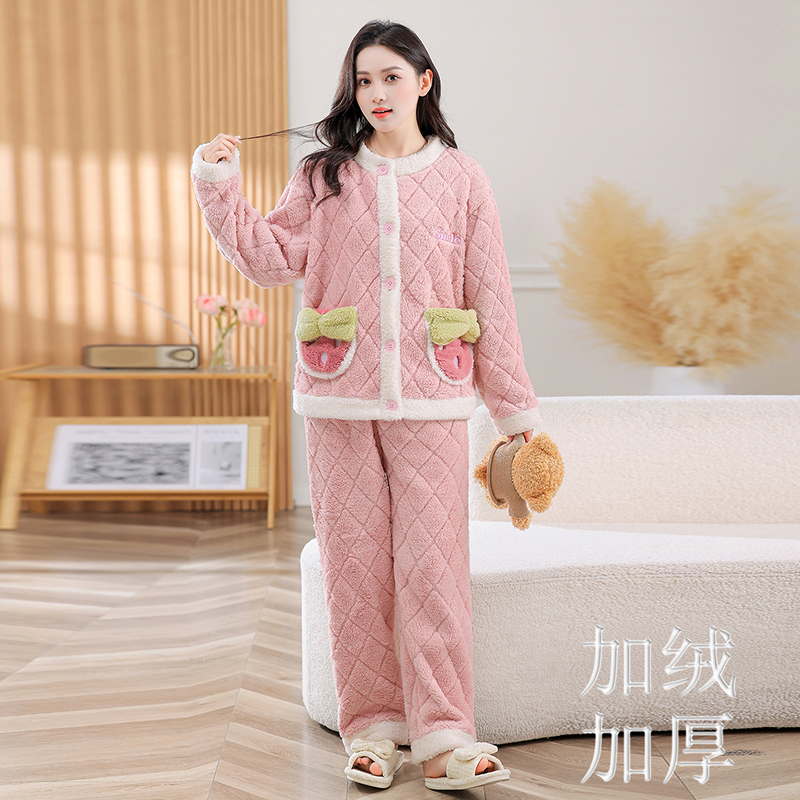 【仅剩02件】加绒加厚女睡衣韩版可爱家居服月子服套装可外穿两件套