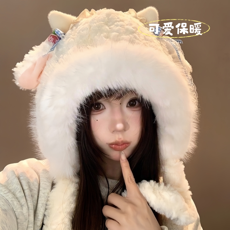 可爱蝴蝶结小羊毛绒帽女冬季新款耳朵会动帽子加绒加厚保暖雷锋帽