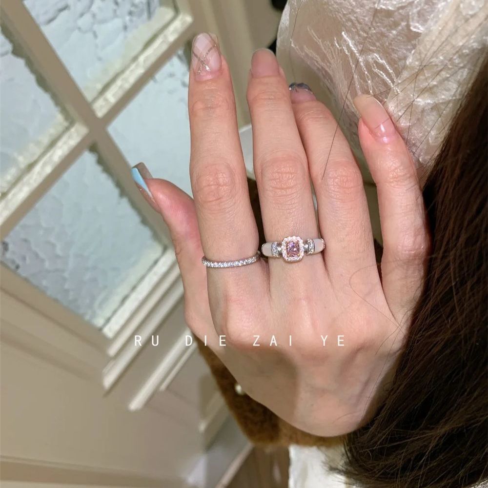 铜合金戒指 中古vintage锆石方糖戒指粉色名媛高级轻奢千金开口戒