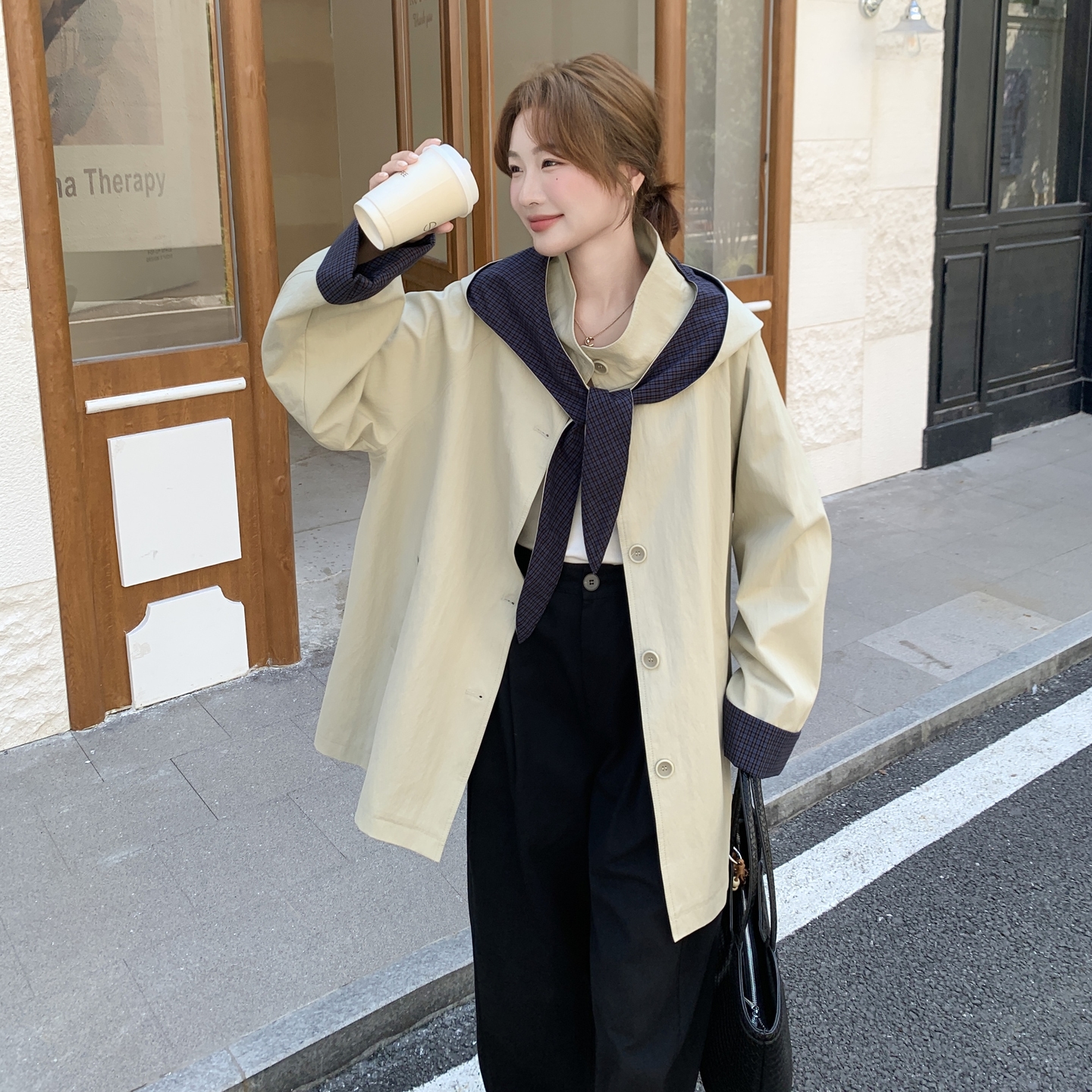 撞色格子可拆连帽风衣外套女春秋2025新款流行爆款百搭巨好看大衣