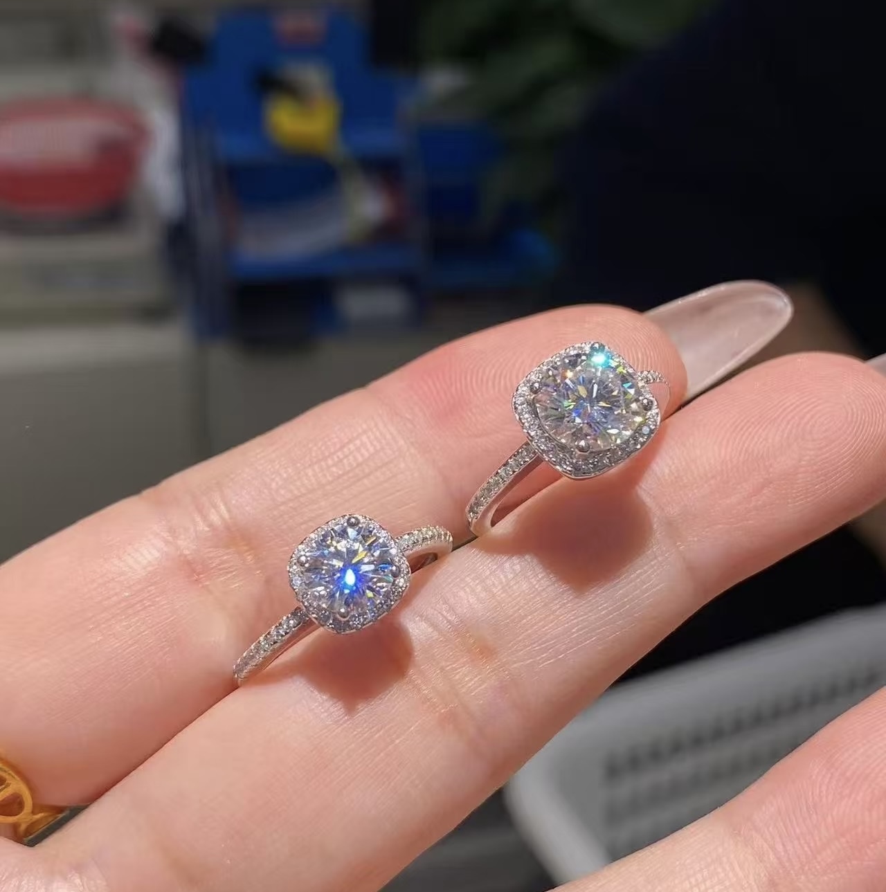 925银戒指 莫桑石戒指 超市同款小方糖满钻镶嵌女戒