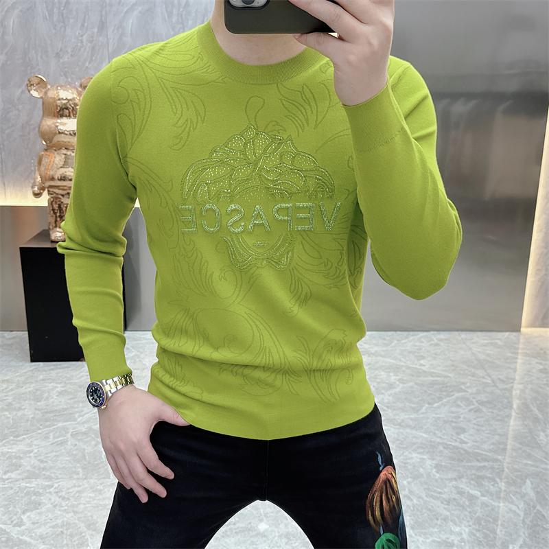 2025秋冬针织衫男新品时尚圆领印花烫钻毛衣修身长袖打底衫潮5095