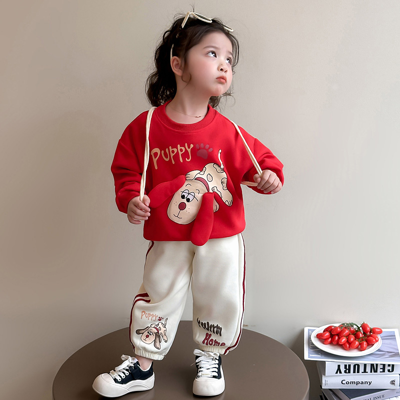 女童新款立体小狗卡通卫衣洋气时髦女宝宝休闲运动春秋套装百搭潮
