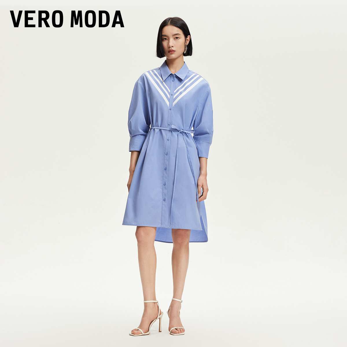Vero Moda连衣裙2025新款翻领系带撞色V字拼接洋气出行裙子百搭女