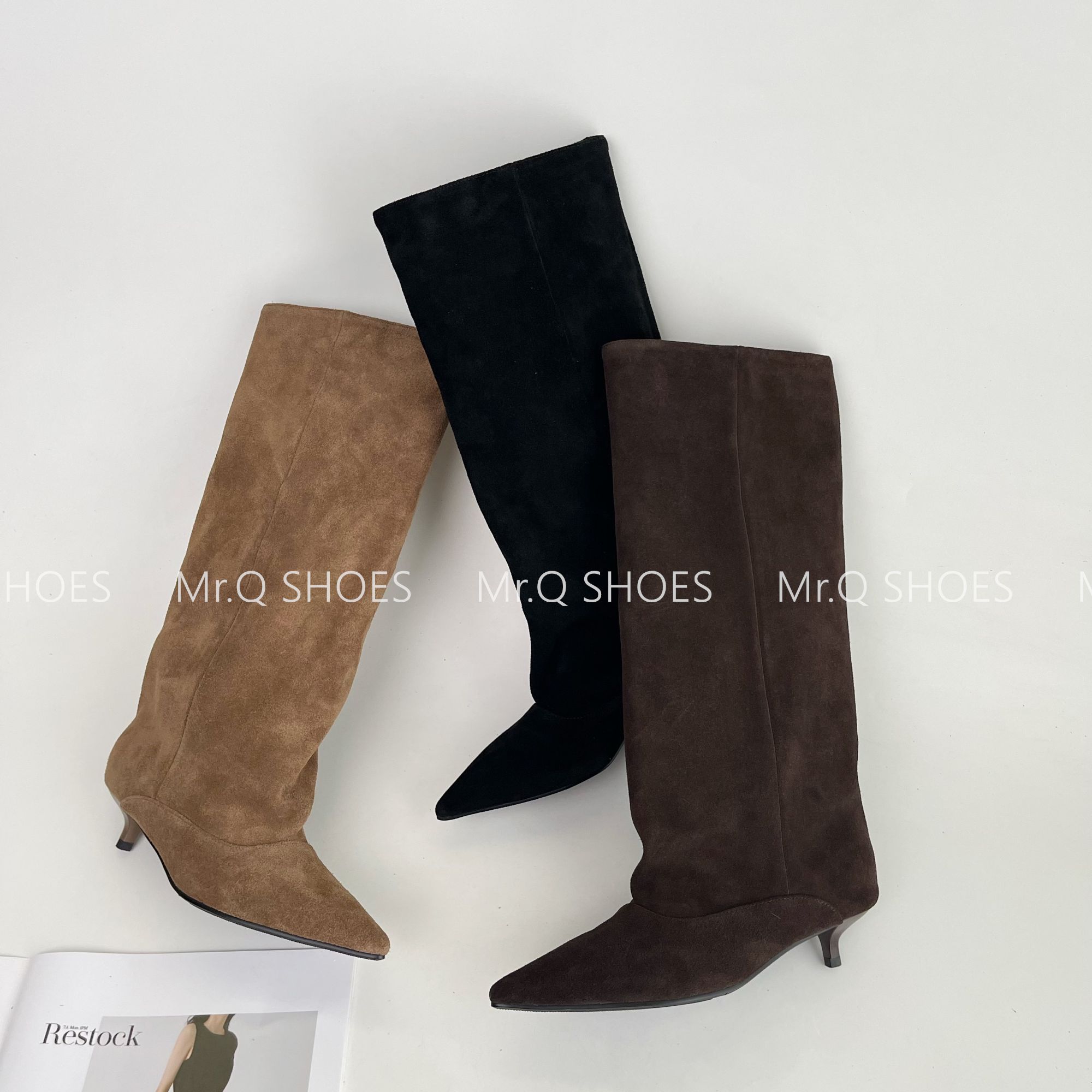 34-40码/跟高3.5cm/黑棕卡/极简风百搭尖头猫跟长靴时装靴