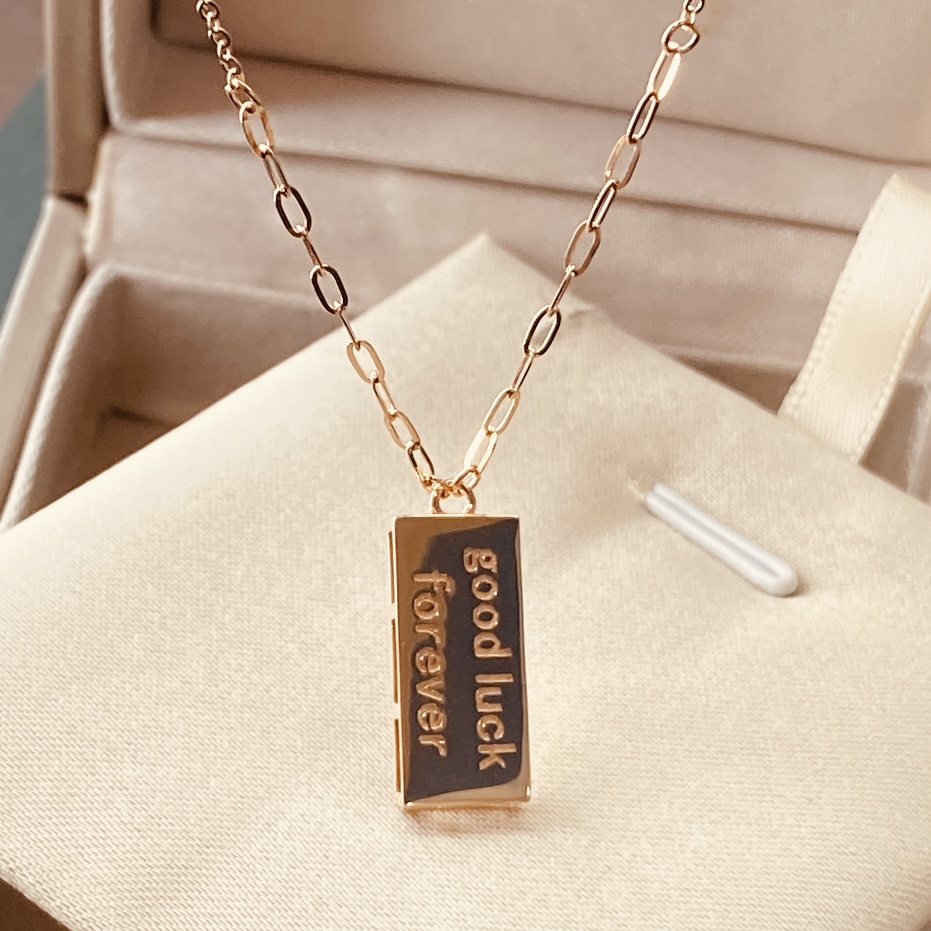 18K金项链GoodLuck彩金小金条无事牌方形玫瑰金色锁骨链时尚轻奢