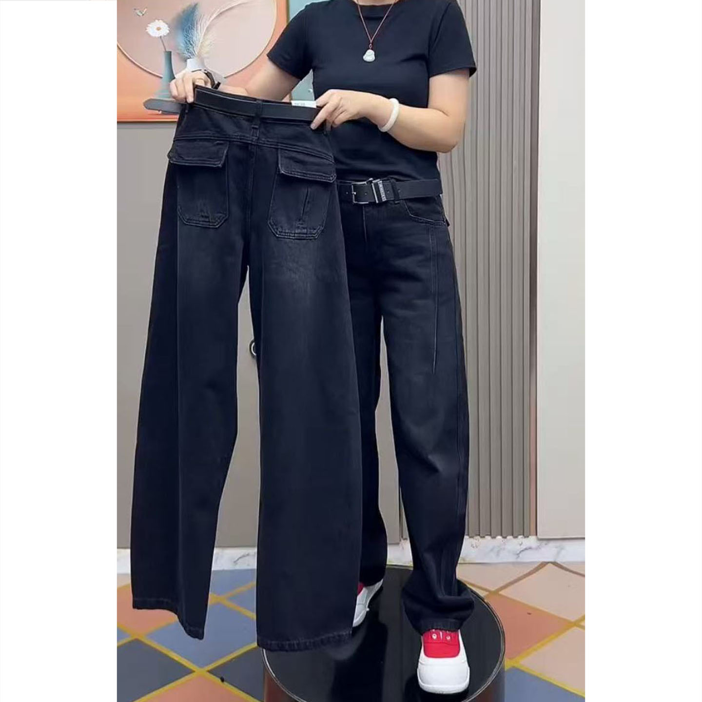 艾塔莉秋季水洗高腰极简风女款百搭牛仔裤长裤宽松阔腿裤遮肉显瘦