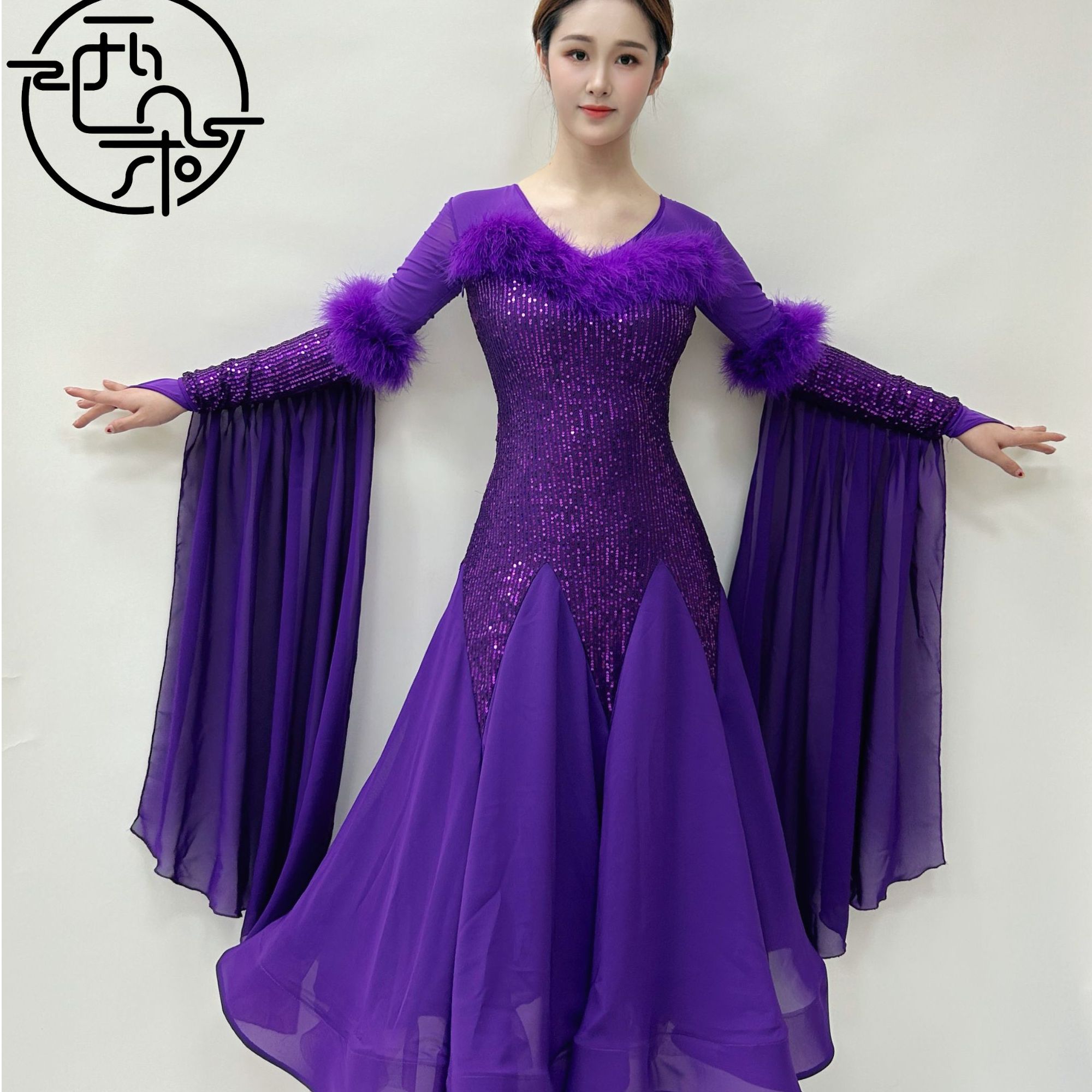 西朵舞服摩登舞亮片羽毛重工高档表演裙连体裙XD523