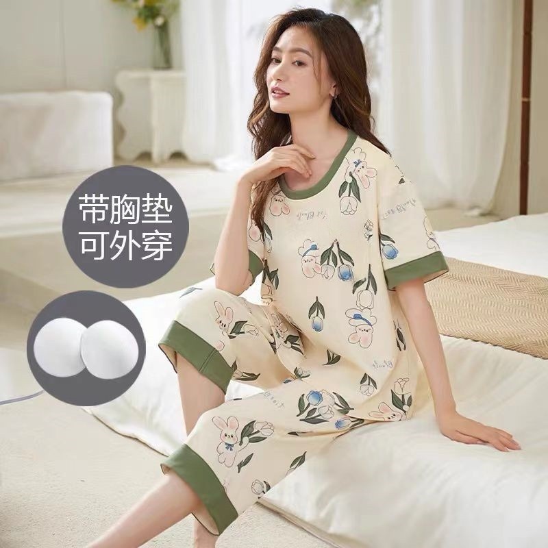 韩版睡衣女夏天短袖七分裤女士韩版宽松夏季圆领套装外出家居服