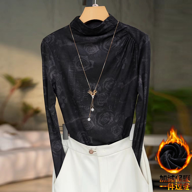 482-2长袖极简风提花修身型半高领T恤洋气黑色气质打底衫