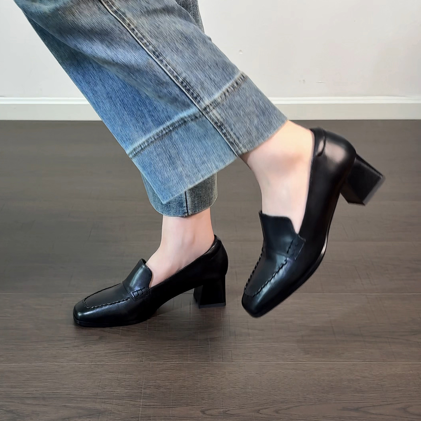 5cm/2599牛皮方头粗跟单鞋女春秋真皮英伦风小皮鞋中跟乐福鞋