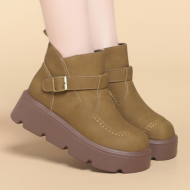 2025新款薄绒勃肯靴圆头轻便短靴短筒马丁靴女厚底英伦风冬季女鞋