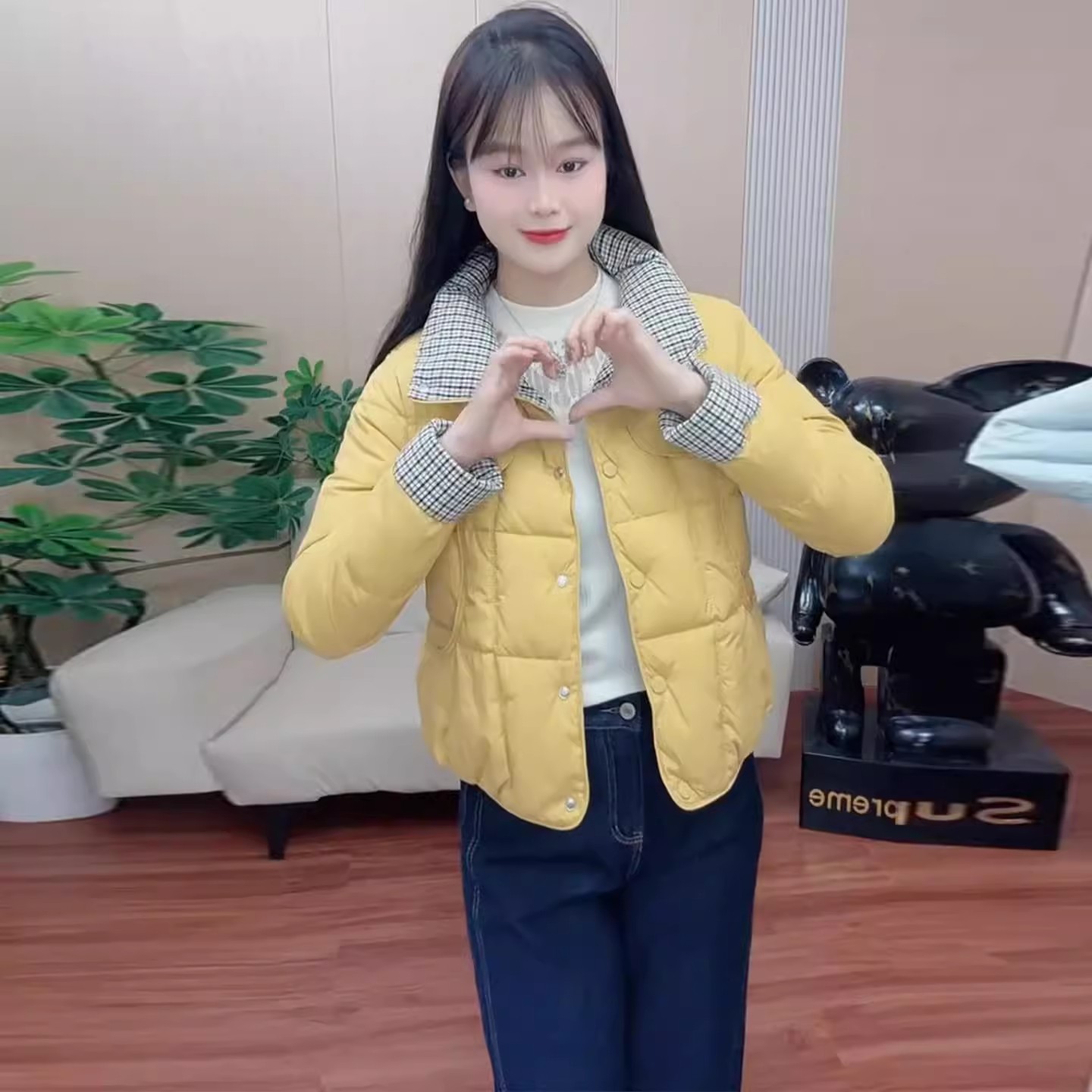 时尚短款羽绒棉服女2025冬季新款洋气显瘦保暖格子拼接加厚棉服潮