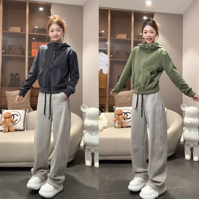 2025年早春新款一整套气质简约连帽卫衣高腰抽绳加绒休闲裤两件套