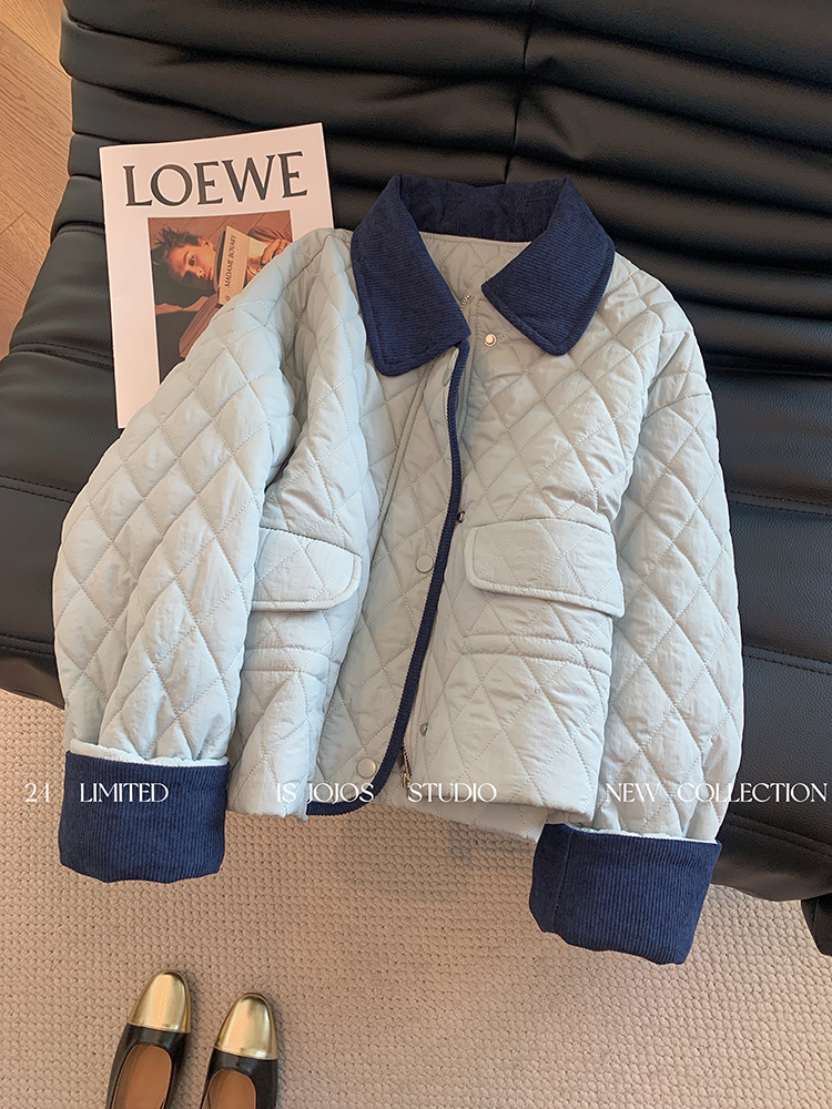 秋冬季复古风小香风设计感拼接菱格棉服外套女装短款时尚夹棉上衣