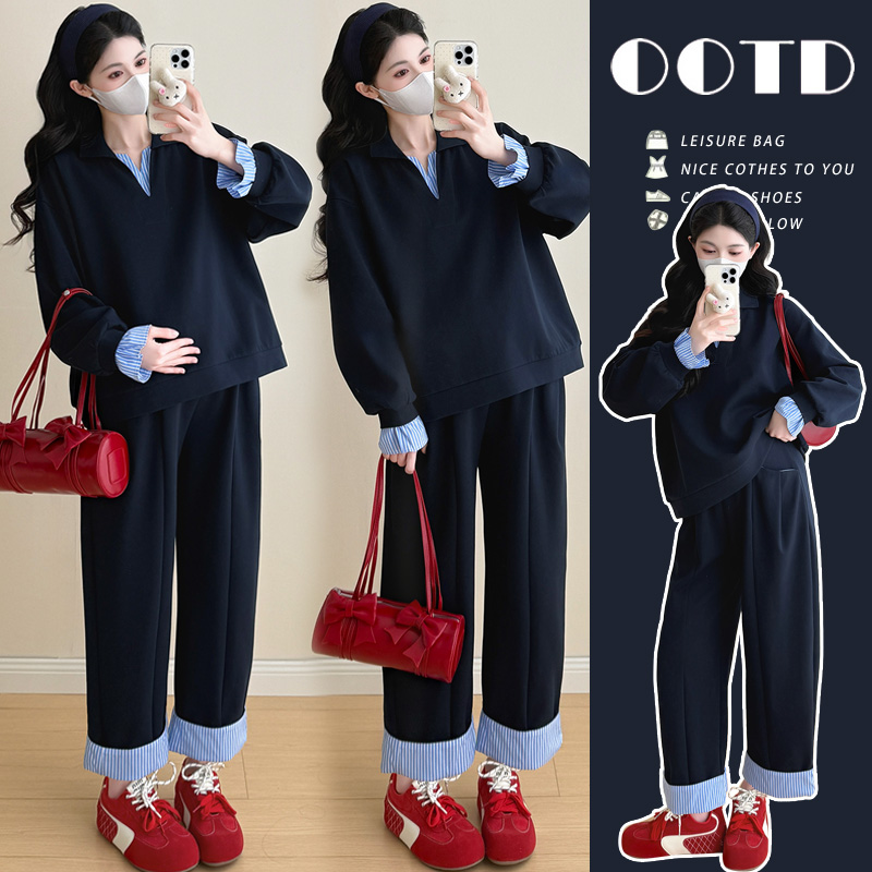 2026春秋设计感假两件拼接条纹韩系宽松潮妈时尚气质通勤孕妇套装